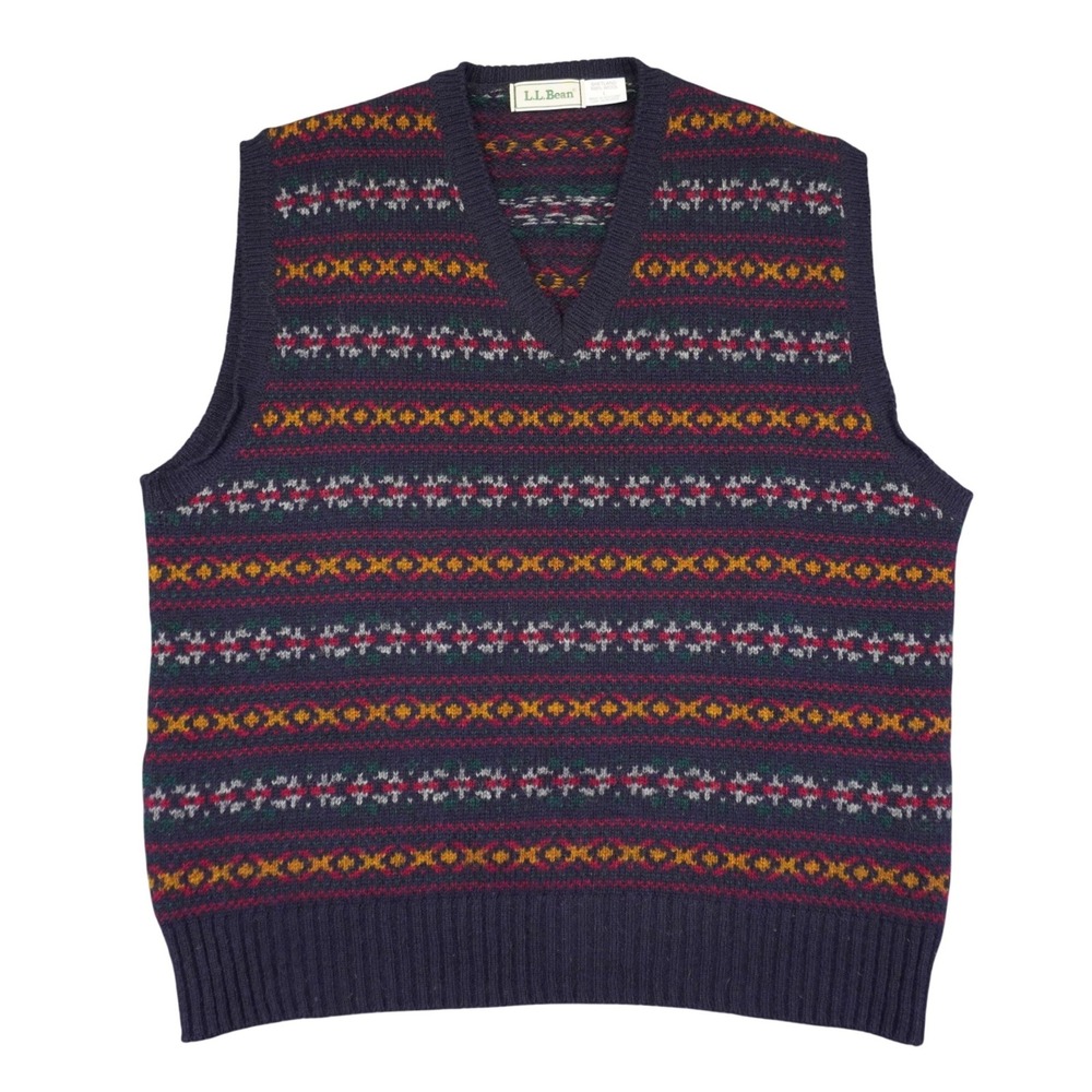 LL Bean Sweater Vest Men Large Blue Fair Isle Shetland Wool Made in Scotland
